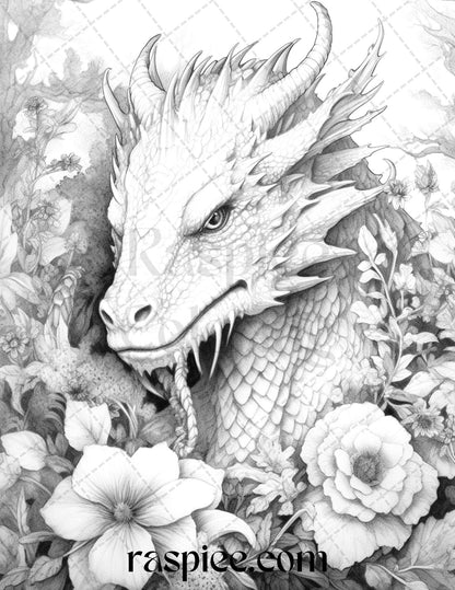 40 Flower Dragon Grayscale Coloring Pages Printable for Adults, PDF File Instant Download