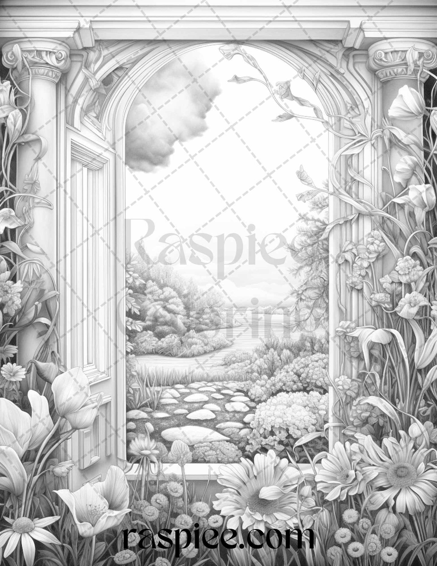 40 Window to Fantasy Worlds Grayscale Coloring Pages Printable for Adults, PDF File Instant Download