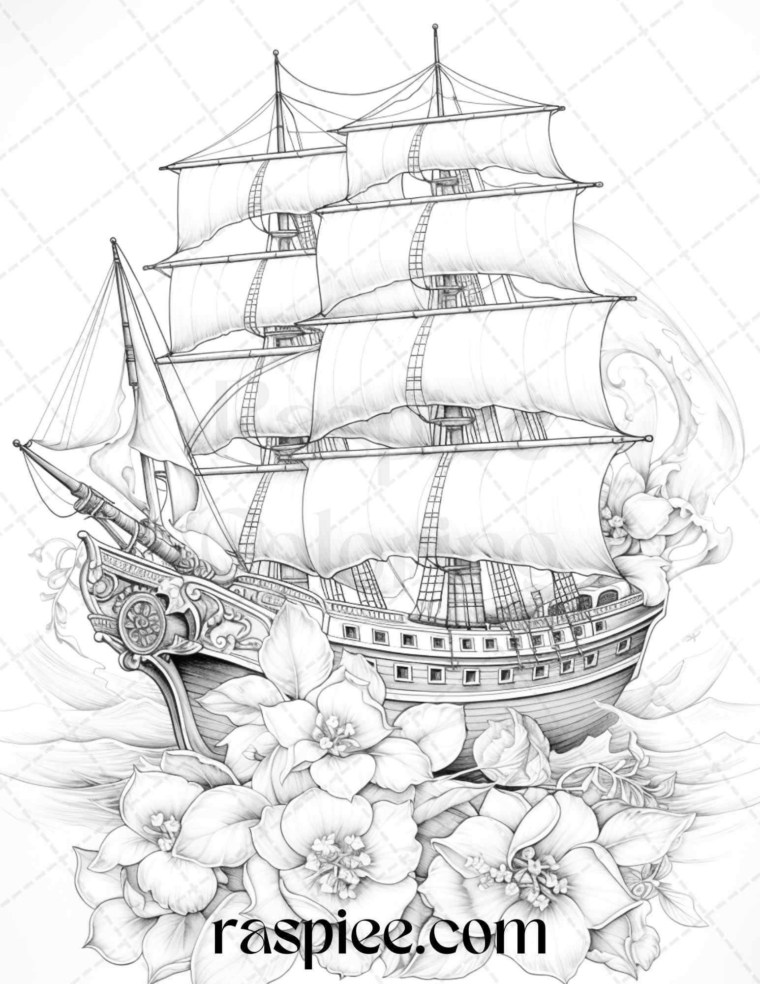 44 Flower Ships Graysale Coloring Pages Printable for Adults, PDF File Instant Download