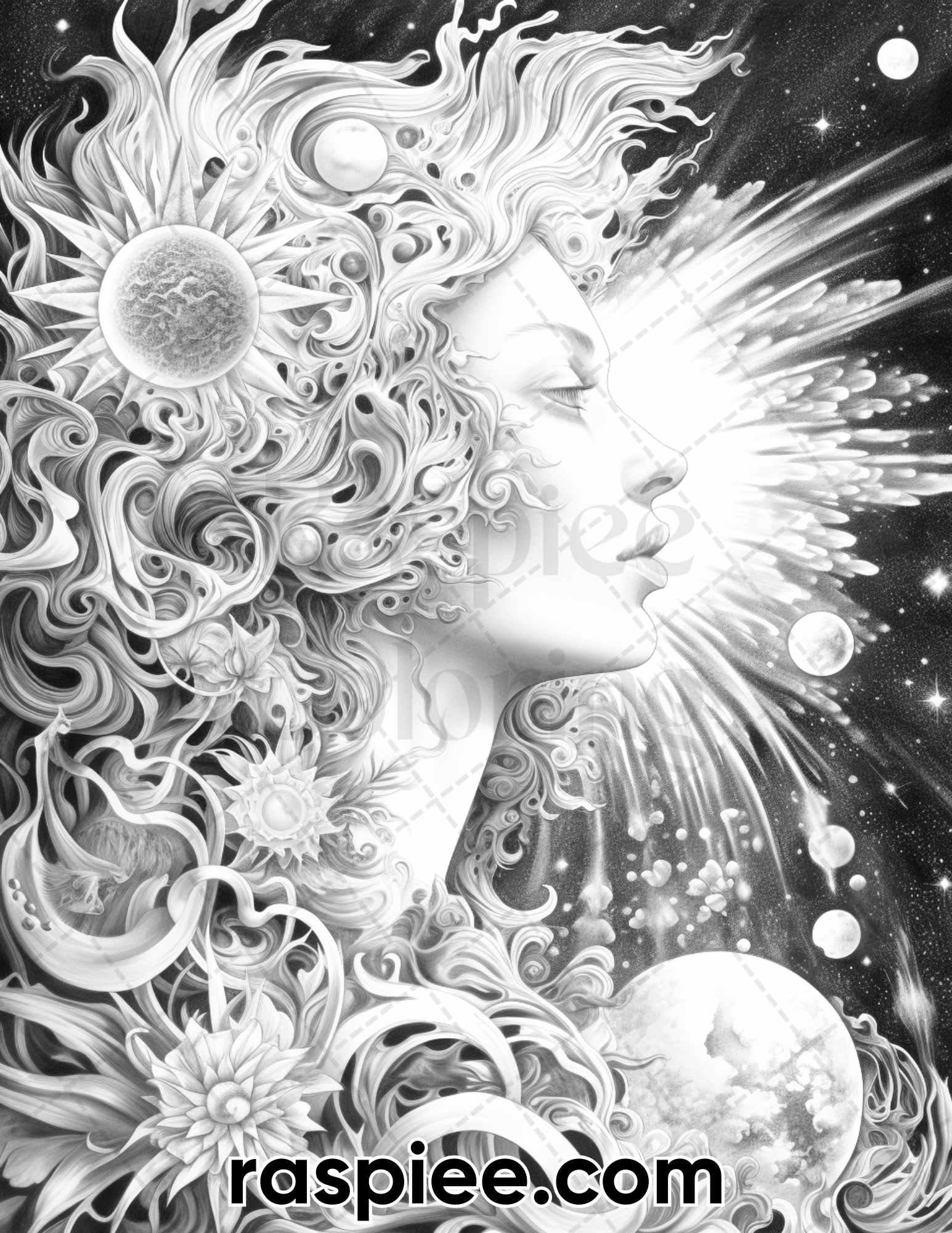 40 Galaxy Queen Sci-Fi & Fantasy Grayscale Coloring Pages for Adults, Printable PDF Instant Download