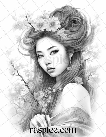 40 Beautiful Japanese Girls Grayscale Coloring Pages Printable for Adults, PDF File Instant Download