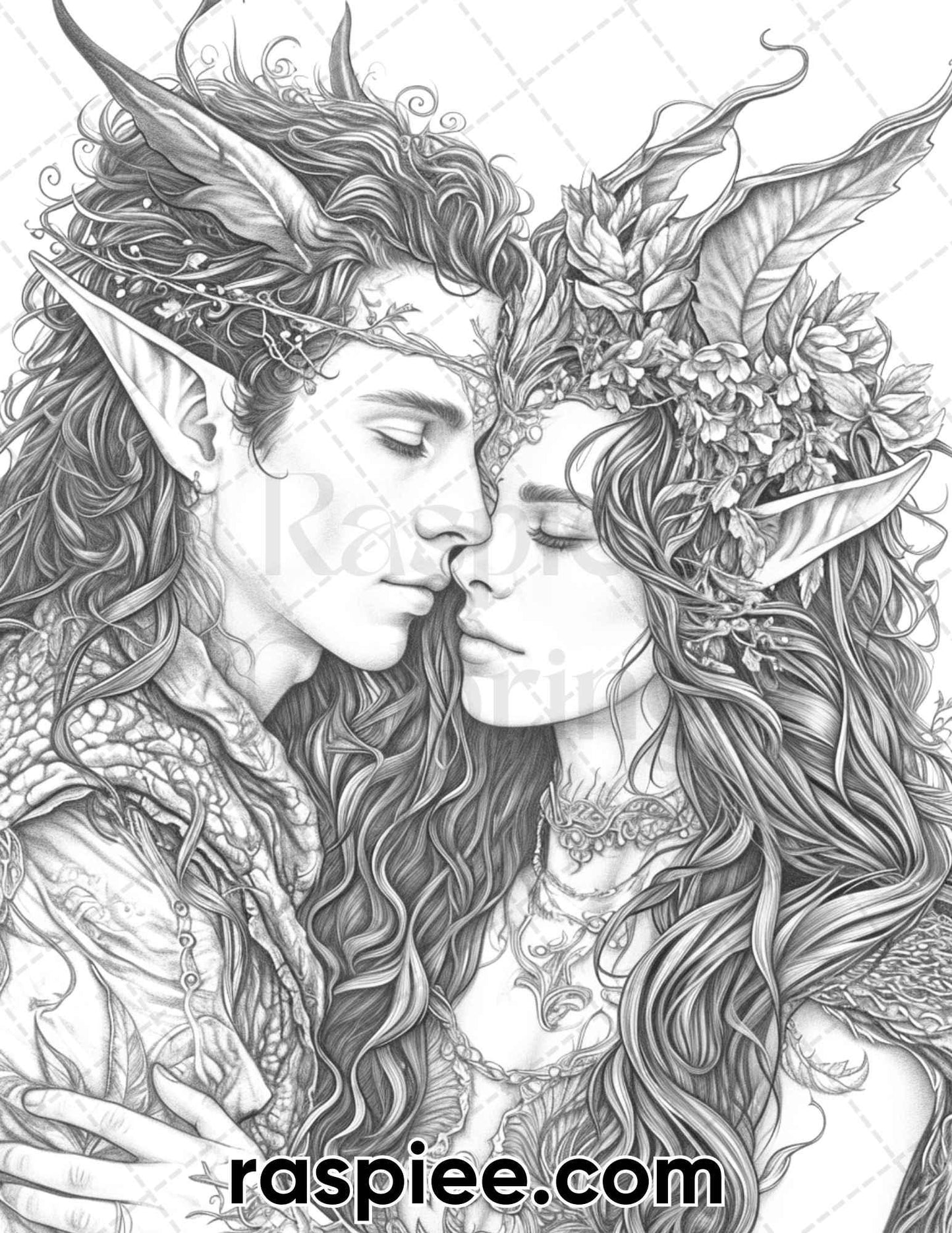 50 Romantic Elf Couple Portraits Adult Coloring Pages, Grayscale Illustration, Printable PDF Instant Download