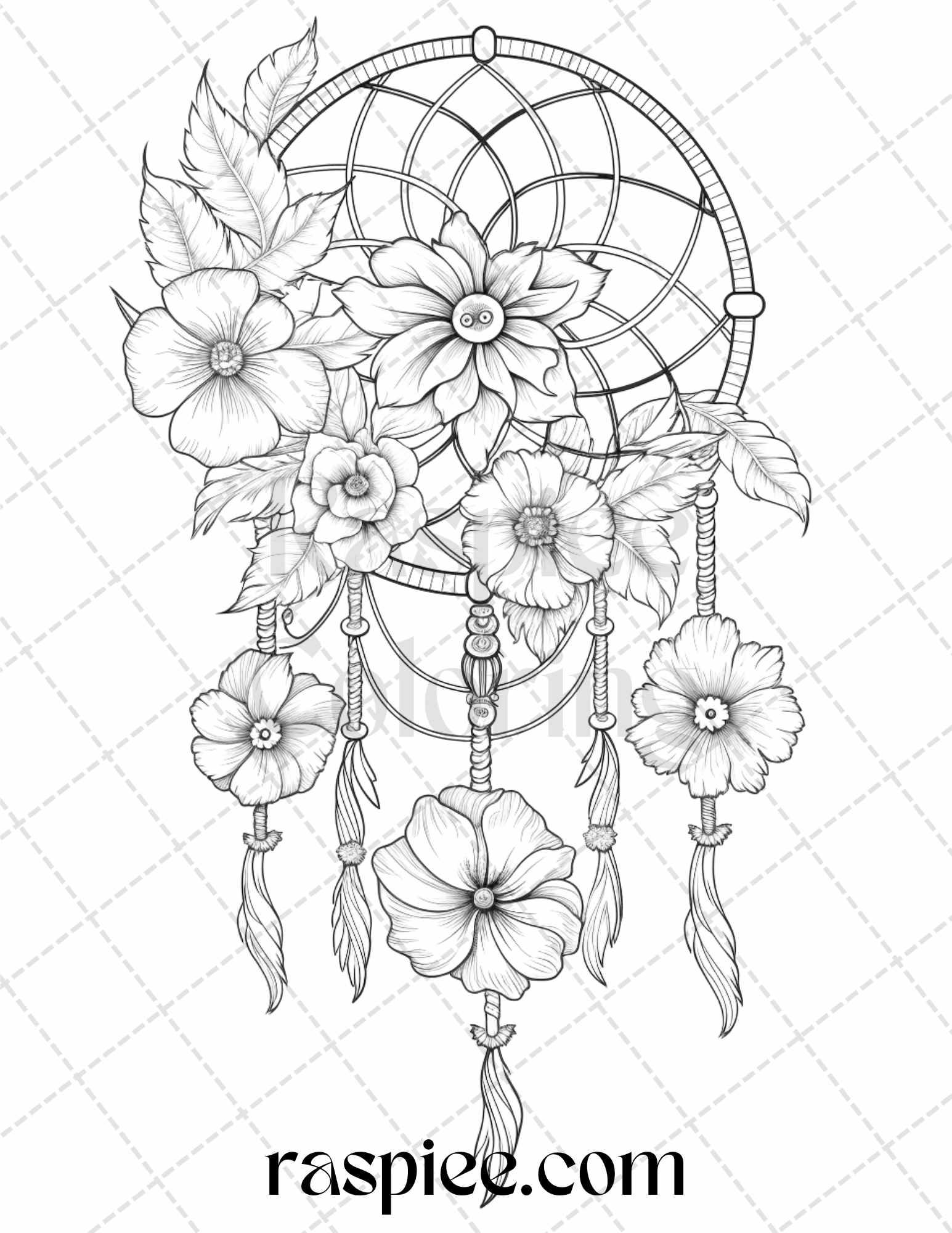 30 Flower Dreamcatcher Grayscale Coloring Pages Printable for Adults, PDF File Instant Download