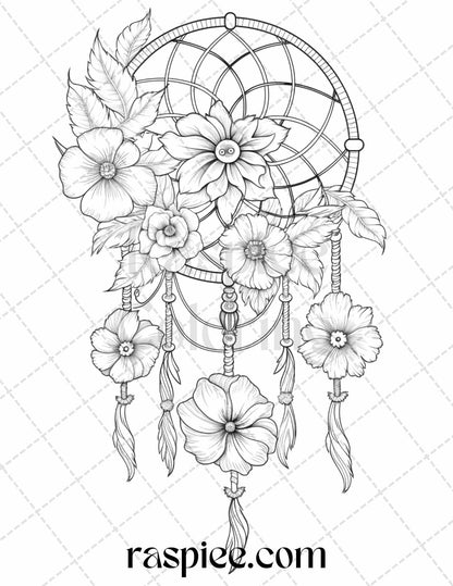 30 Flower Dreamcatcher Grayscale Coloring Pages Printable for Adults, PDF File Instant Download