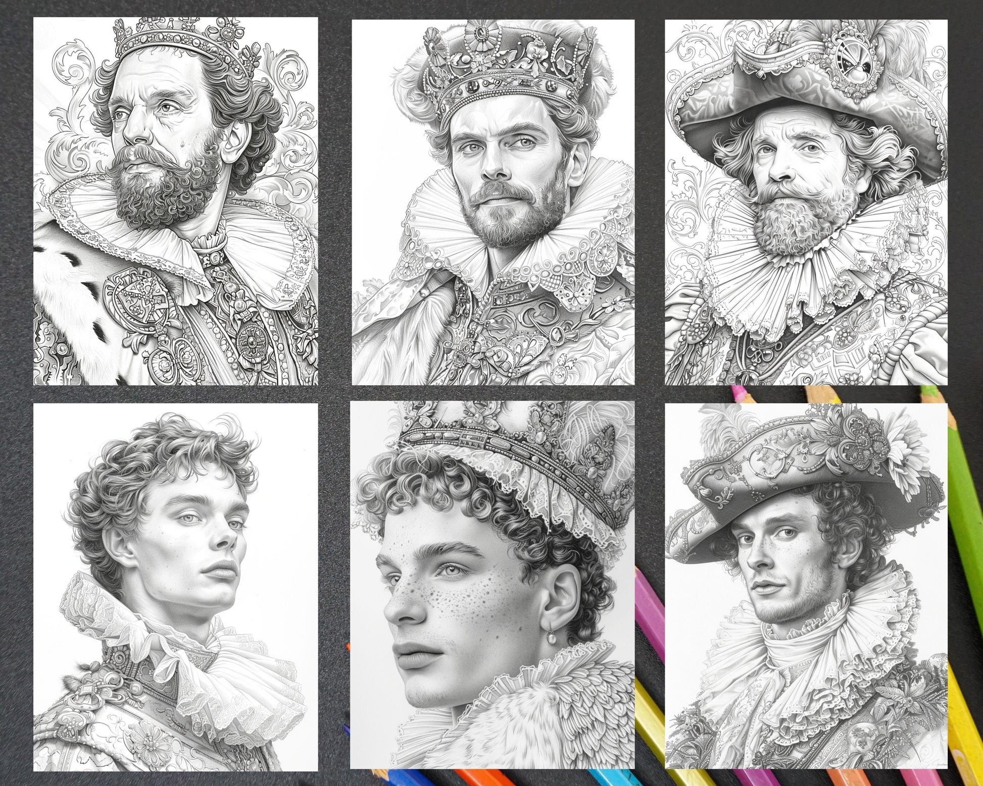 100 Elizabethan British Royal Portraits Grayscale Adult Coloring Pages, Printable PDF Instant Download