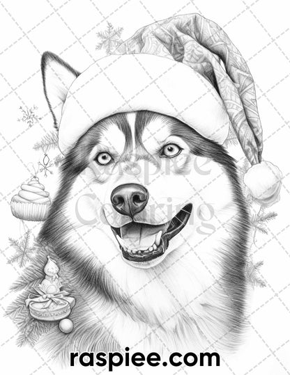 45 Christmas Dogs Grayscale Coloring Pages for Adults, Printable PDF Instant Download