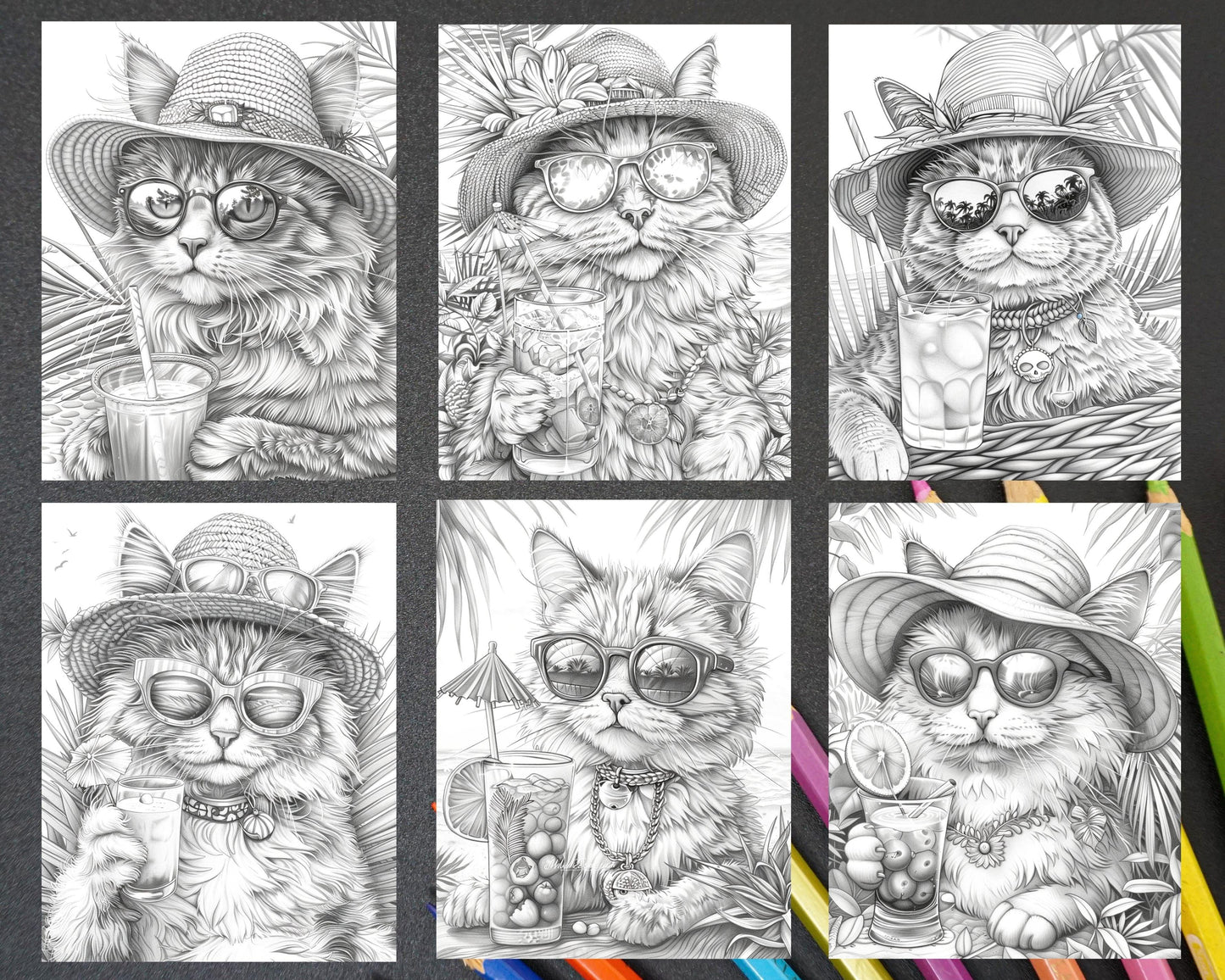 100 Summer Cats Grayscale Adult Coloring Pages, Printable PDF Instant Download