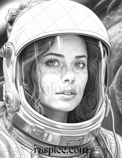 50 Astronaut Girl Portrait Grayscale Coloring Pages Printable for Adults, PDF File Instant Download