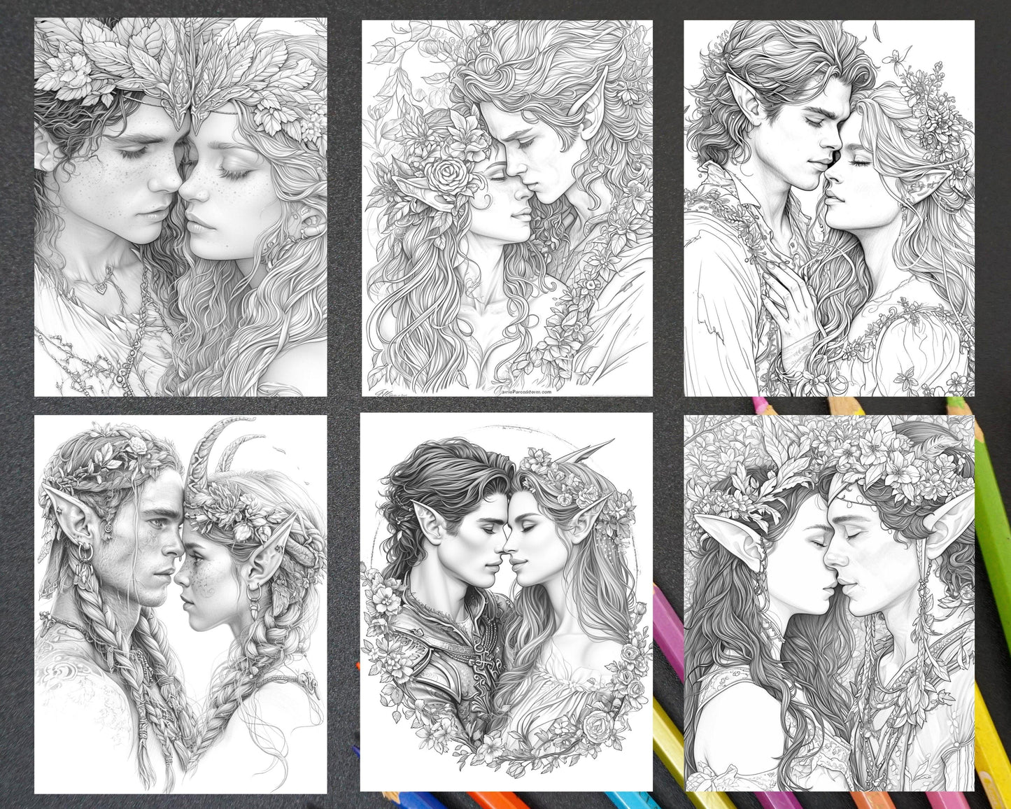 50 Romantic Elf Couple Portraits Adult Coloring Pages, Grayscale Illustration, Printable PDF Instant Download