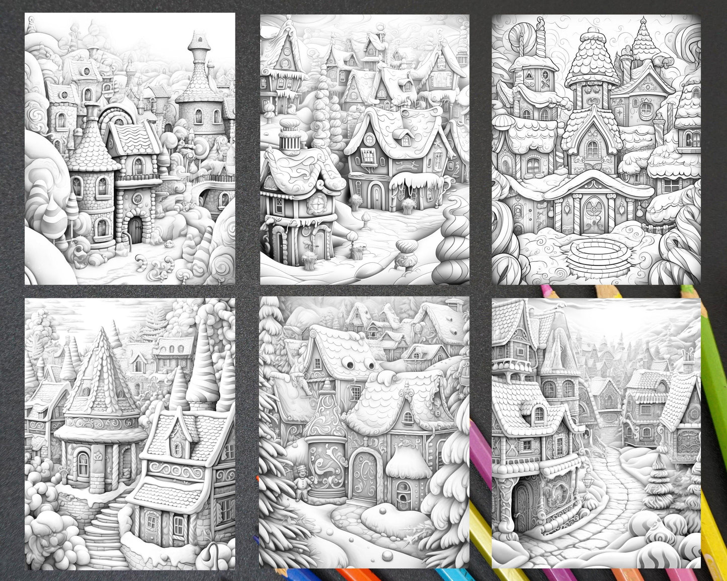 40 Gingerbread Village Grayscale Coloring Pages for Adults, Printable PDF Instant Download