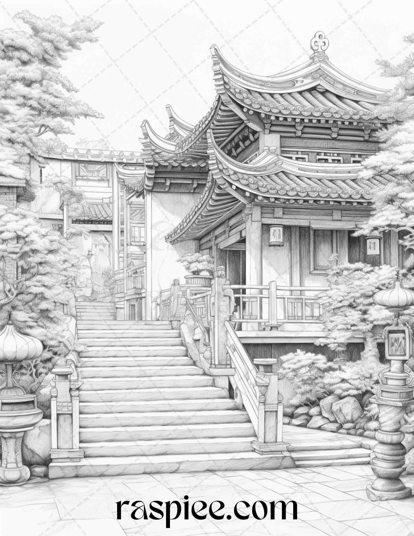 40 Traditional Chinese Houses Grayscale Coloring Pages Printable for Adults, PDF File Instant Download