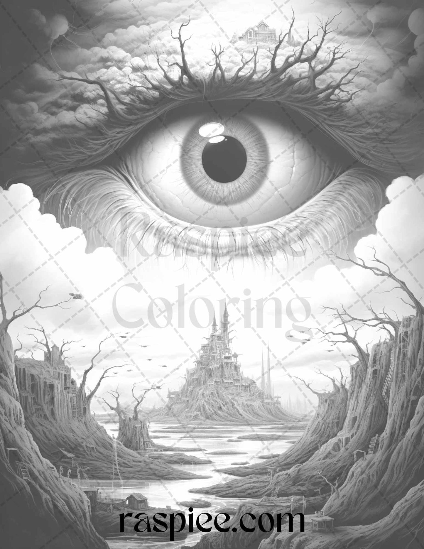 40 Surrealism Eyes Grayscale Coloring Pages Printable for Adults, PDF File Instant Download