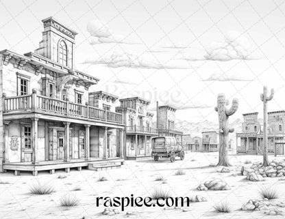 40 Wild West Towns Grayscale Coloring Pages Printable for Adults, PDF File Instant Download