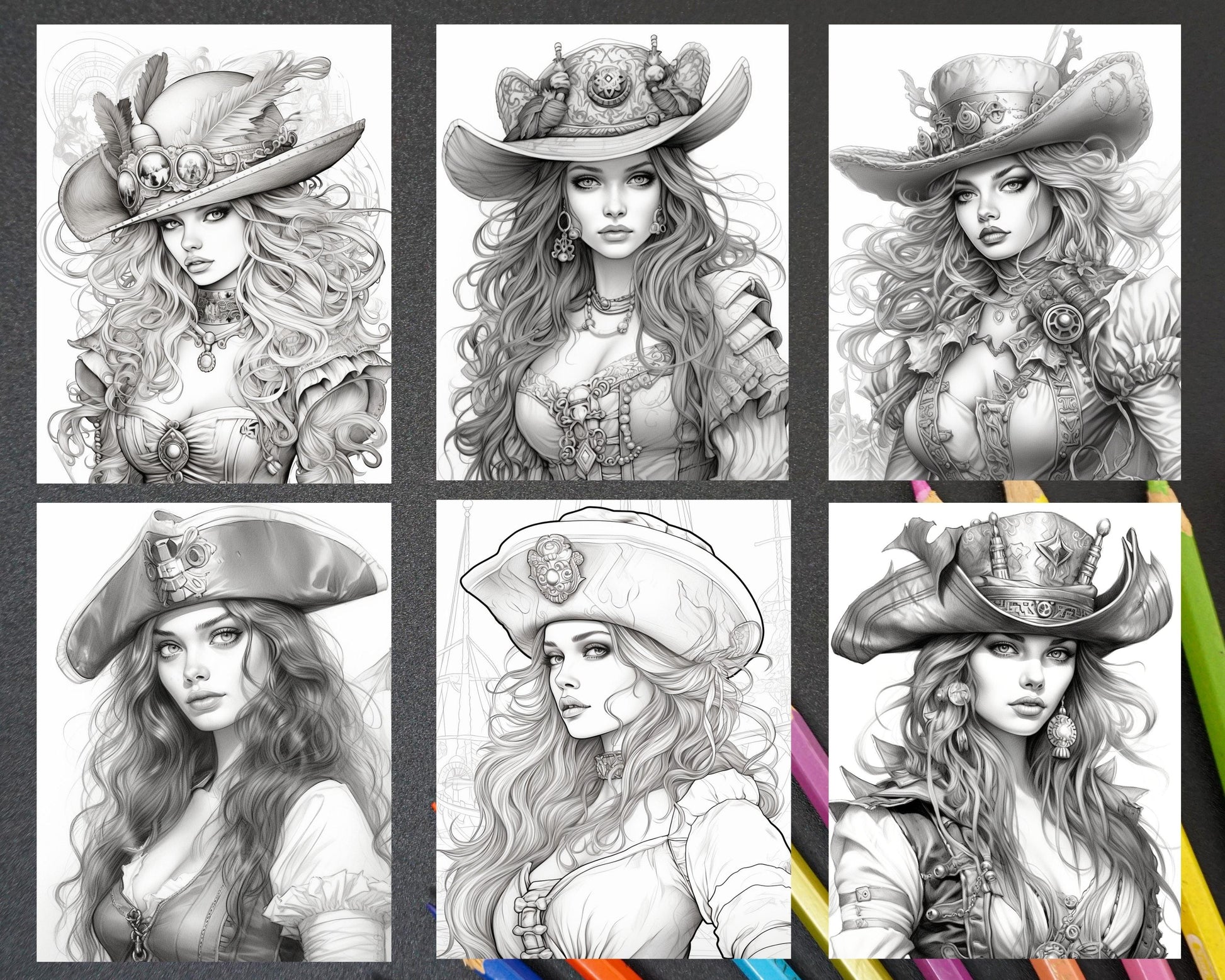 48 Beautiful Pirate Princess Coloring Book Printable for Adults, Grayscale Coloring Page, PDF File Instant Download