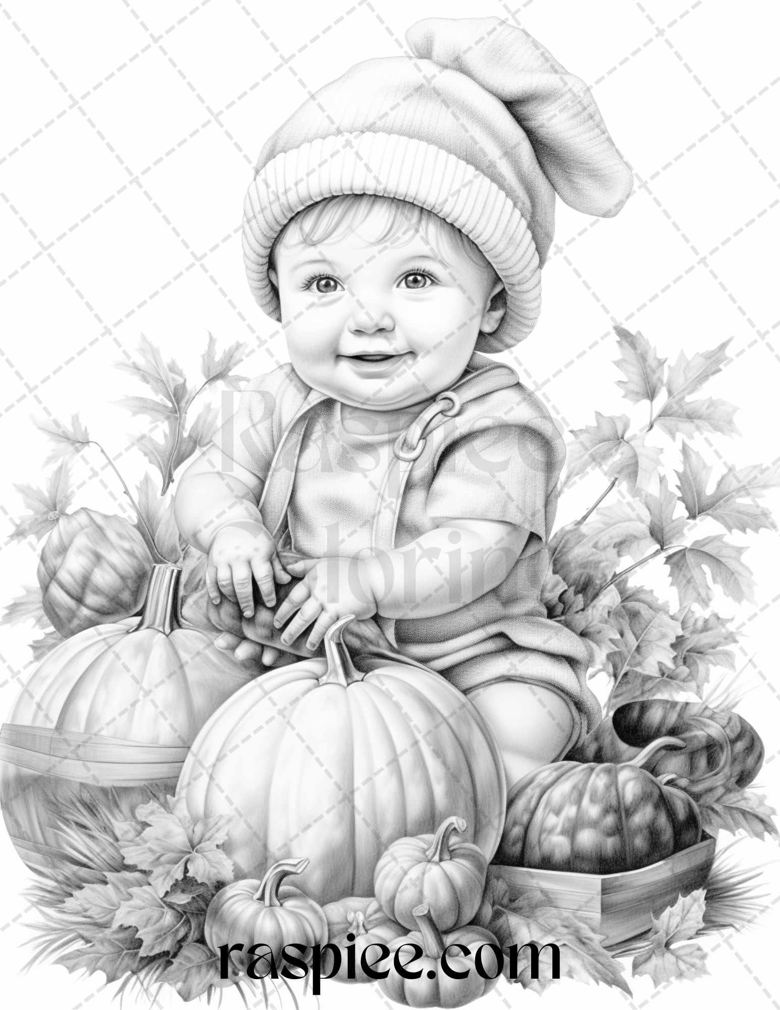 40 Pumpkin Babies Grayscale Coloring Pages for Adults and Kids, Printable PDF File Instant Download