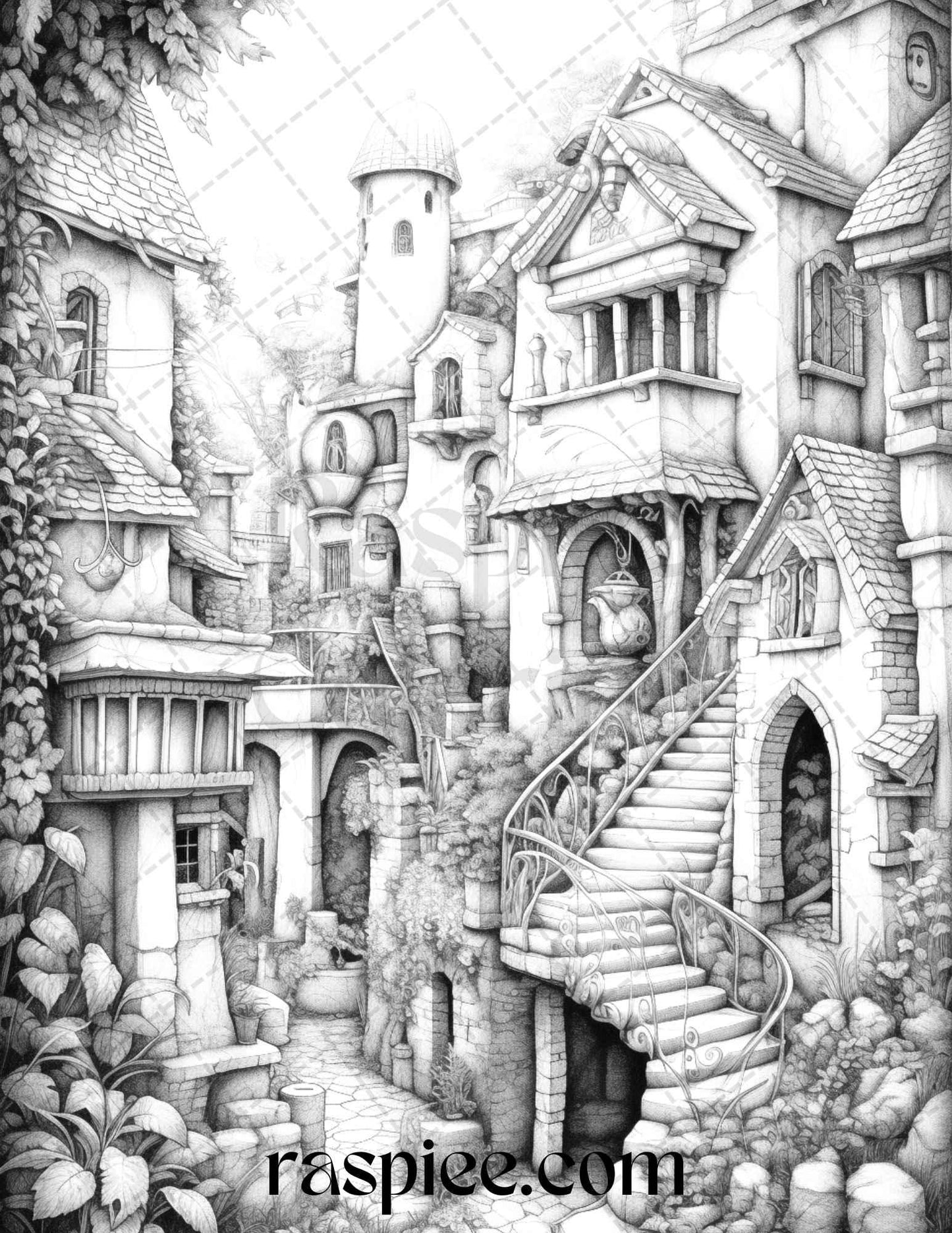 40 Fantasy Village Grayscale Coloring Pages Printable for Adults, PDF File Instant Download