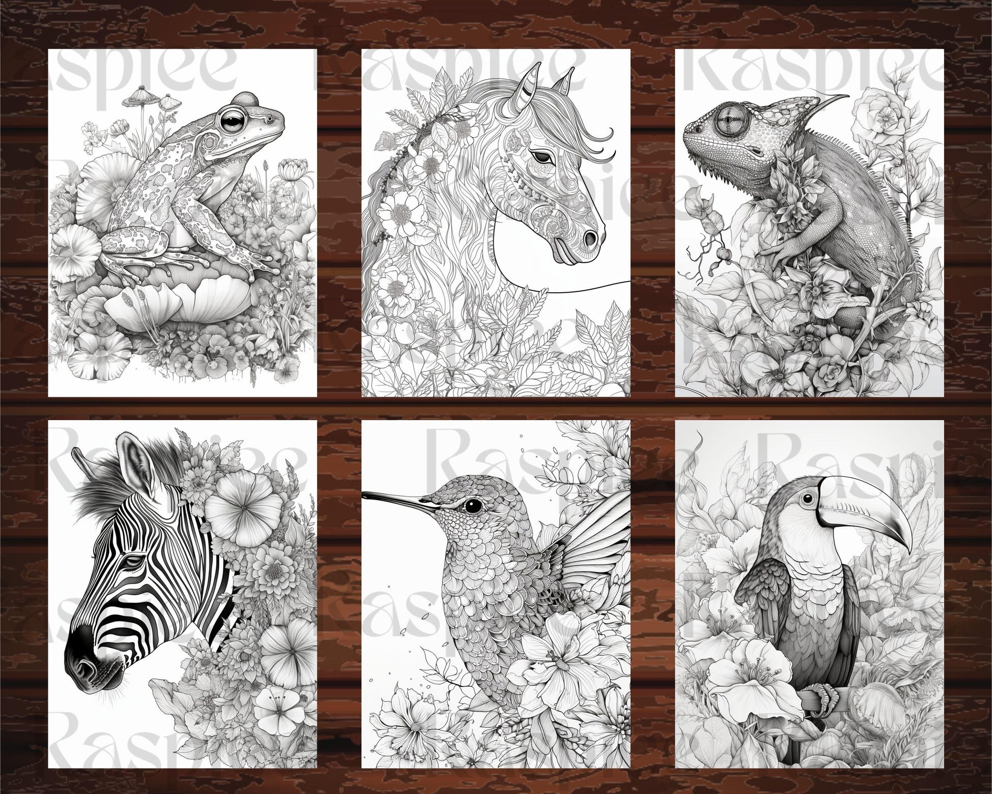 30 Animal Floral Printable Coloring Pages for Adults, Grayscale Coloring Book, Printable PDF File Download