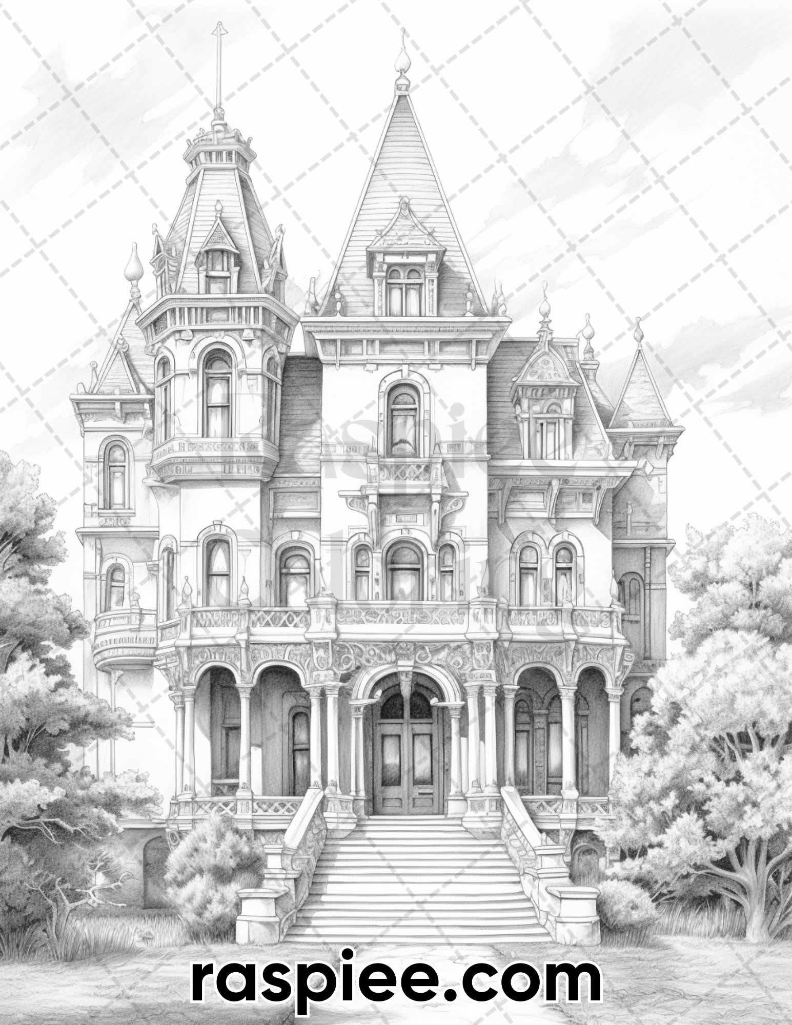 40 Victorian Mansions Grayscale Coloring Pages for Adults, Printable PDF Instant Download