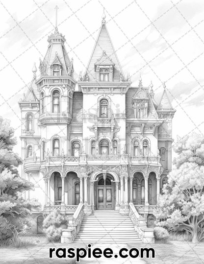 40 Victorian Mansions Grayscale Coloring Pages for Adults, Printable PDF Instant Download