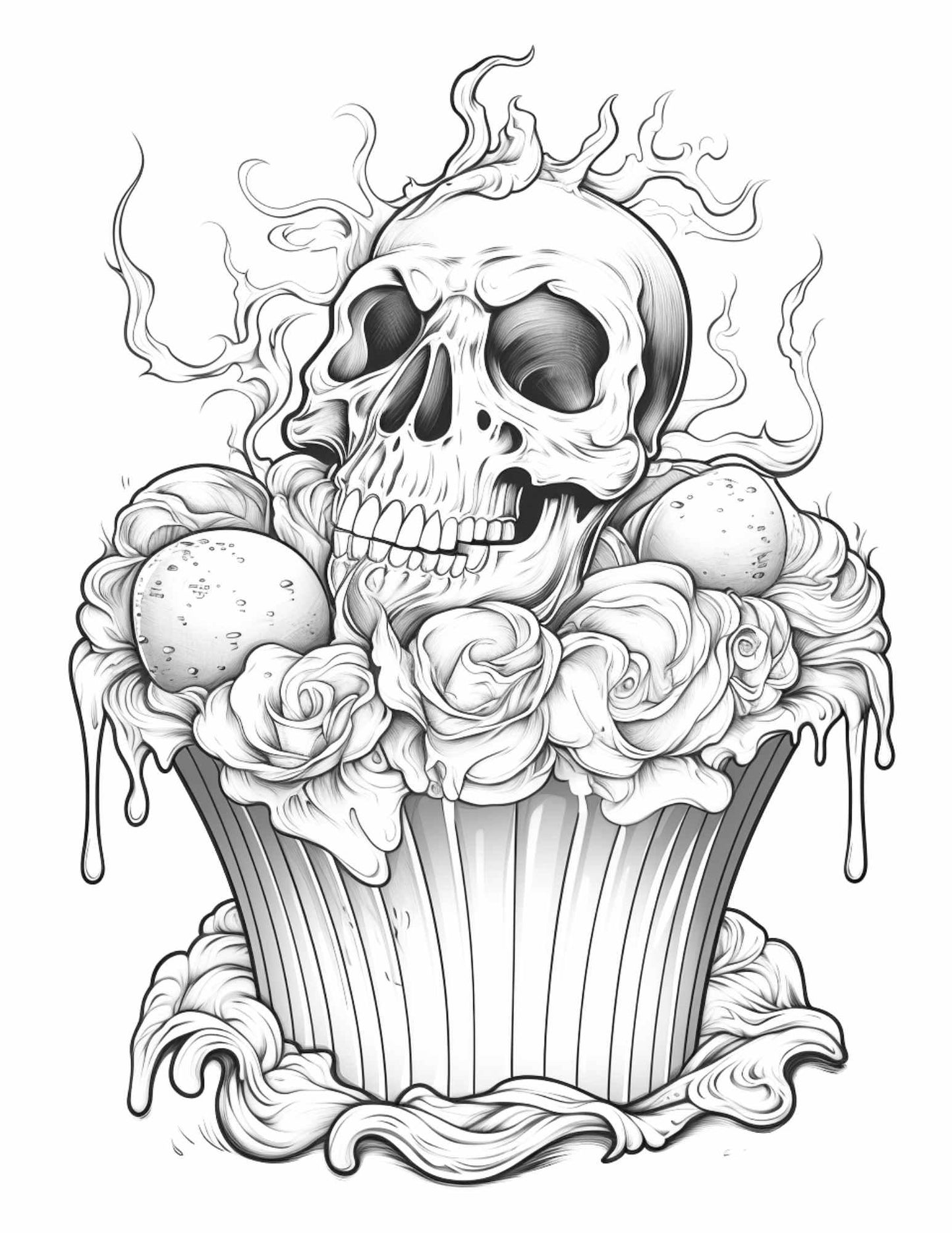 Free Halloween Spooky Cupcakes Grayscale Coloring Pages Printable for Adults Kids, PDF File Instant Download