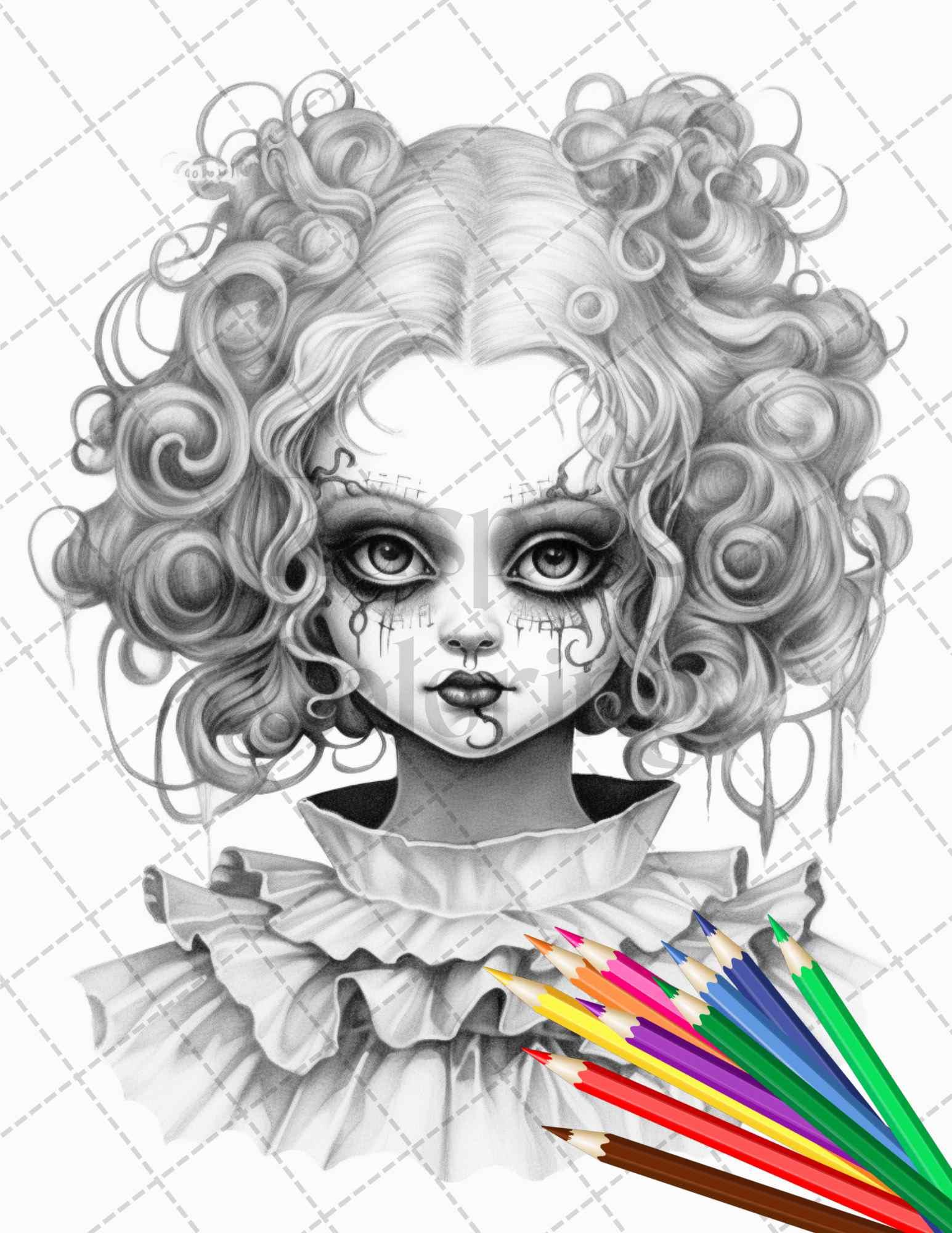 40 Creepy Porcelain Dolls Grayscale Coloring Pages for Adults, PDF File Instant Download