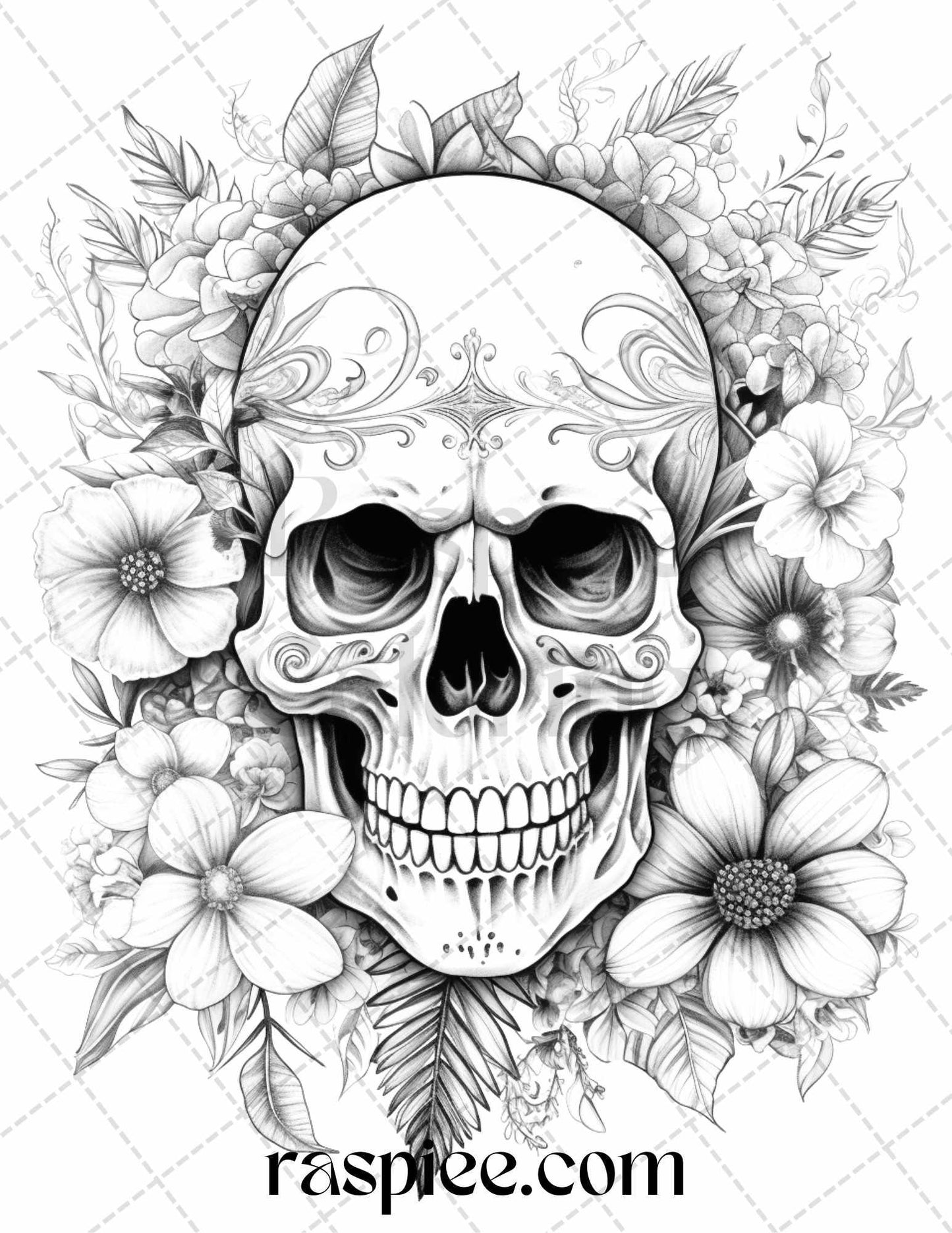 42 Floral Skull Grayscale Coloring Pages for Adults, Stress Relief Coloring Sheets, Printable PDF File Instant Download