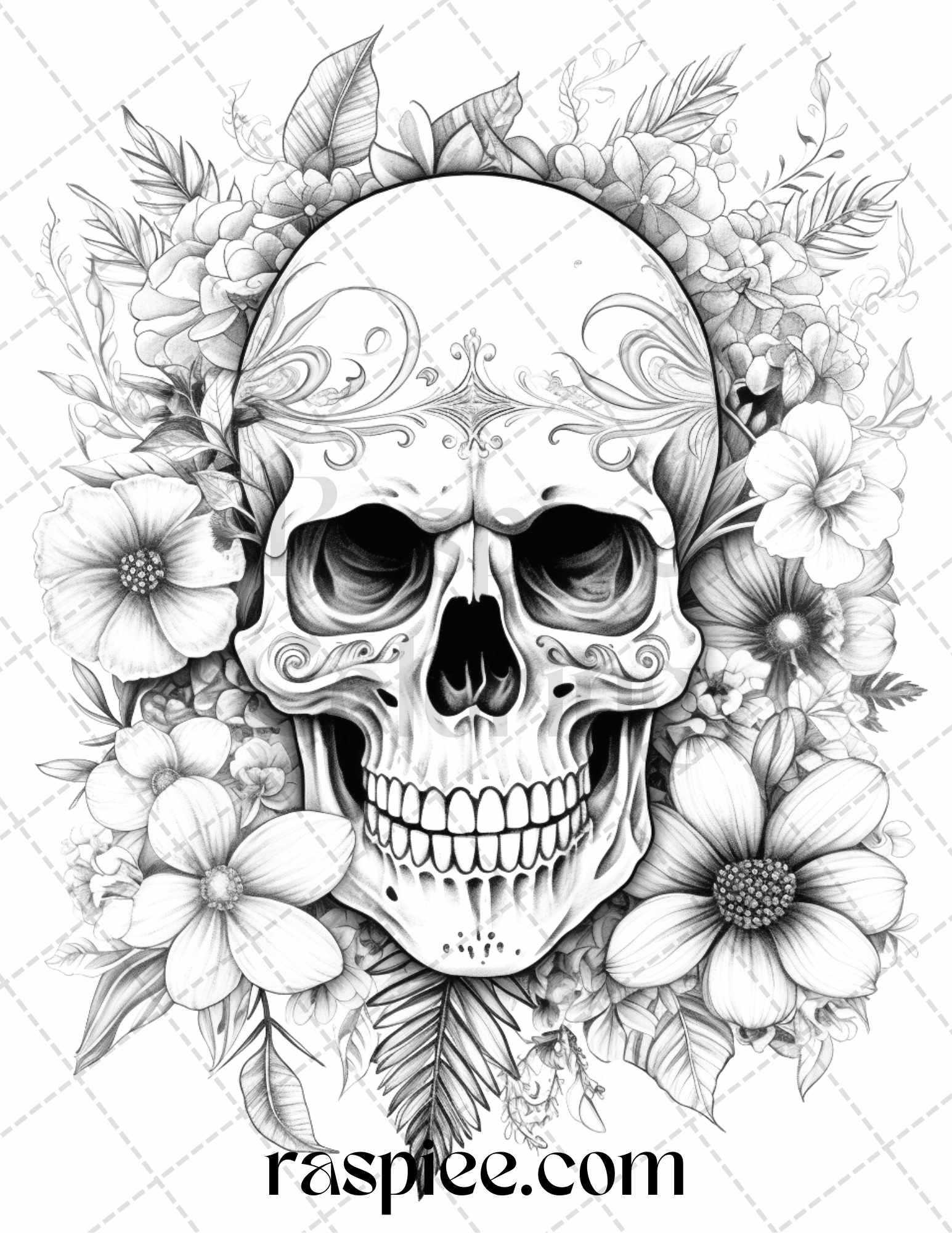 42 Floral Skull Grayscale Coloring Pages for Adults, Stress Relief Coloring Sheets, Printable PDF File Instant Download