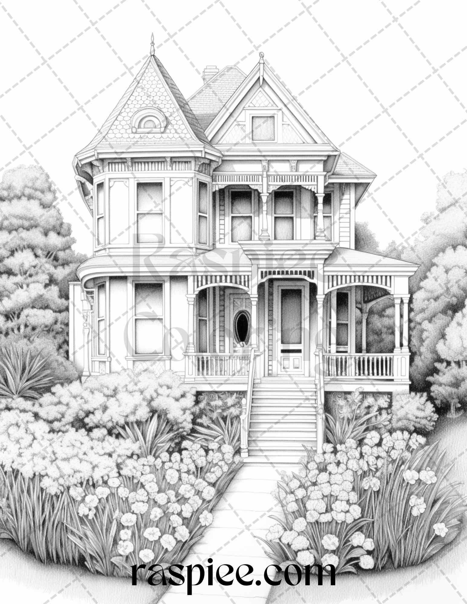 40 Victorian Houses Grayscale Coloring Pages Printable for Adults, PDF File Instant Download