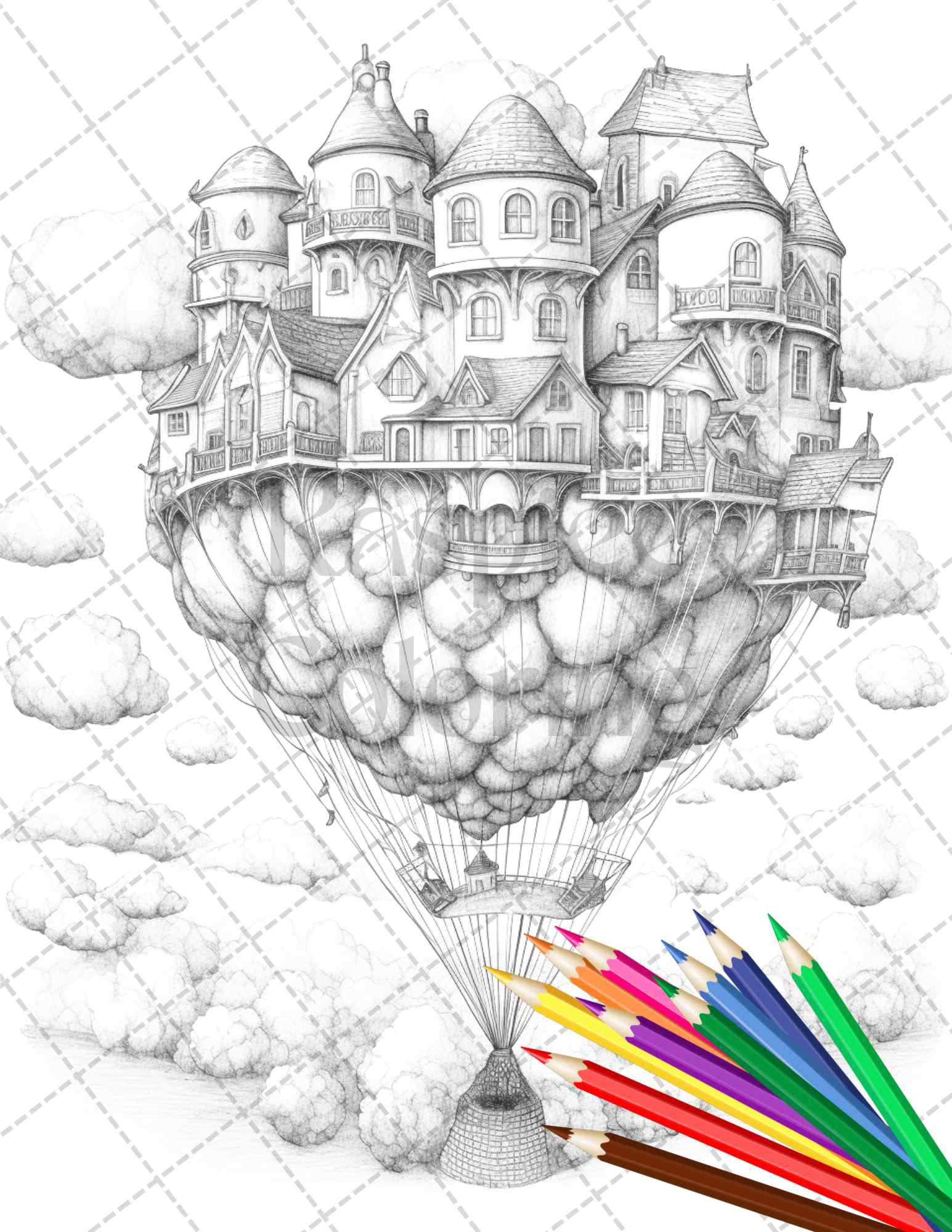 40 Fantasy Sky Houses Grayscale Coloring Pages Printable for Adults, PDF File Instant Download