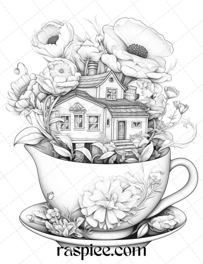 40 Flower Teacup Fairy Houses Grayscale Coloring Pages Printable for Adults, PDF File Instant Download