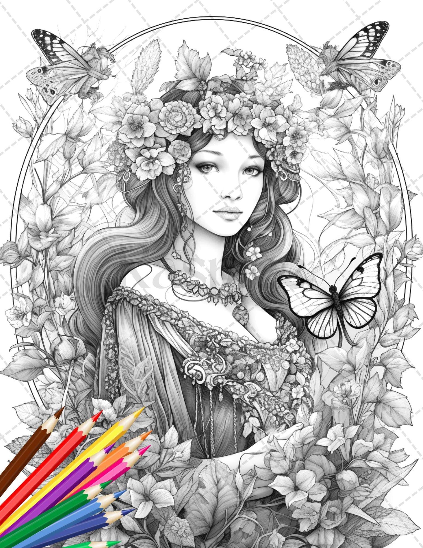 30 Beautiful Fairies Coloring Page Book for Adults, Flower Fairy Grayscale Coloring Book, Fairy Coloring Sheets, Printable PDF File Download