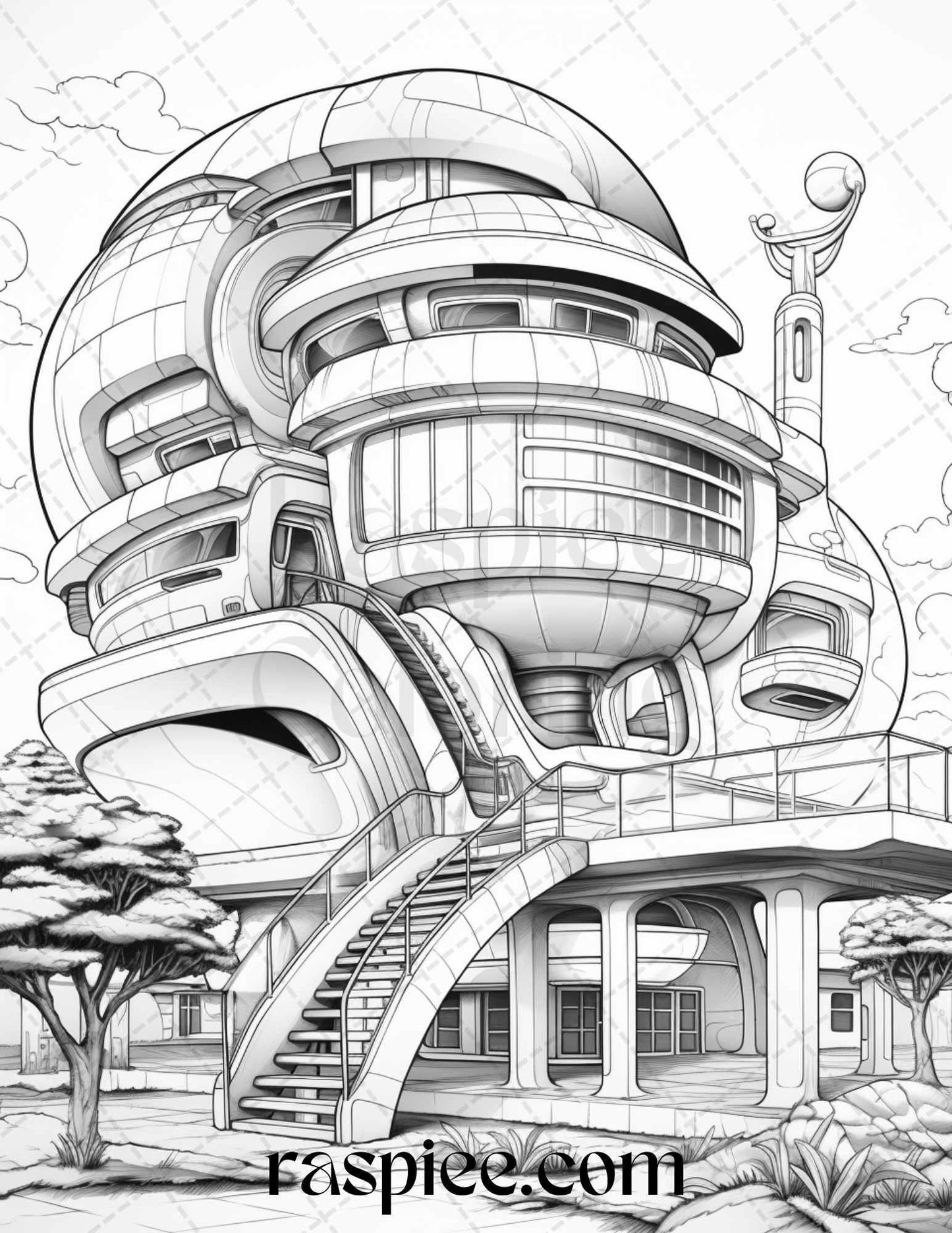 43 Futuristic Houses Grayscale Coloring Pages Printable for Adults, PDF File Instant Download