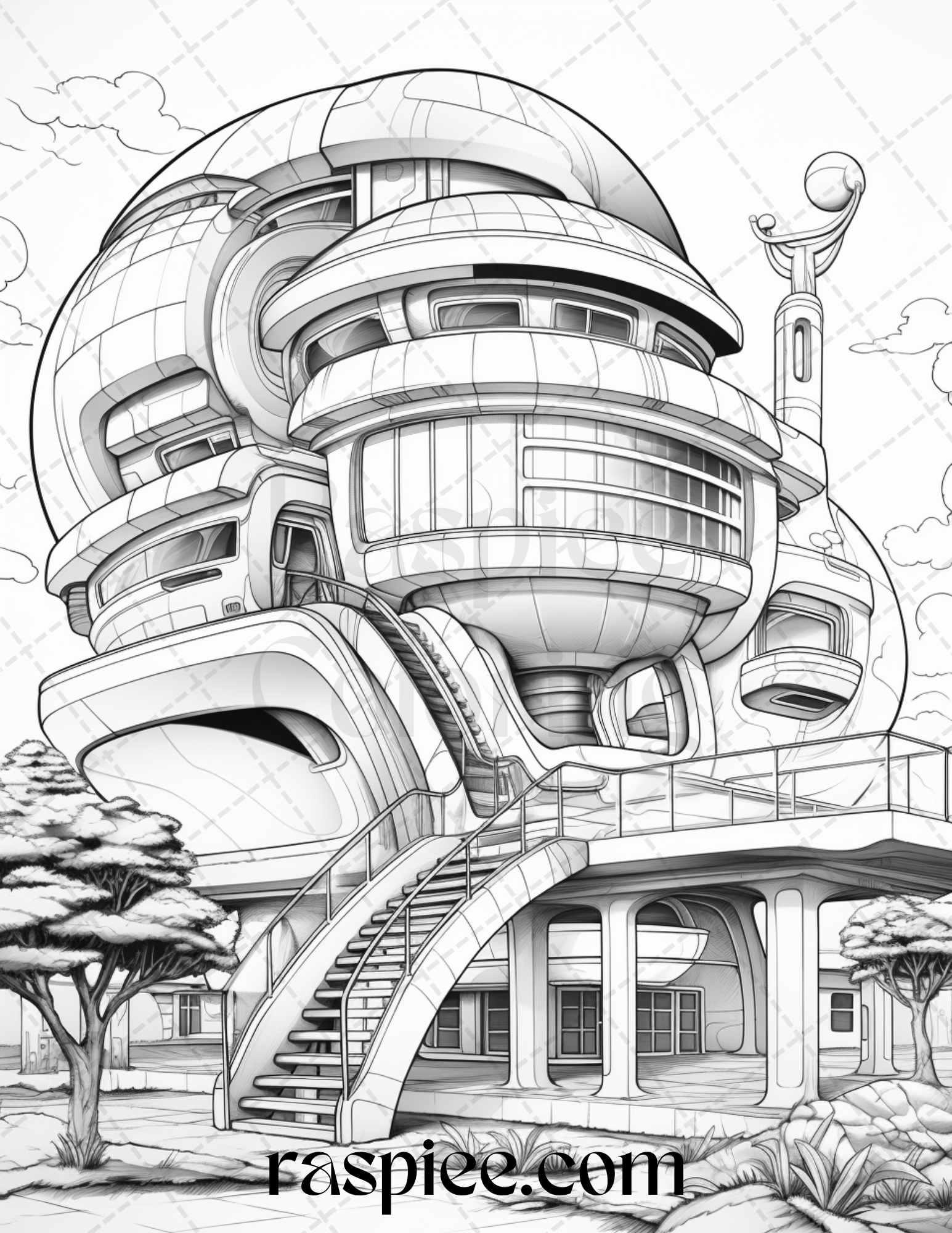 43 Futuristic Houses Grayscale Coloring Pages Printable for Adults, PDF File Instant Download