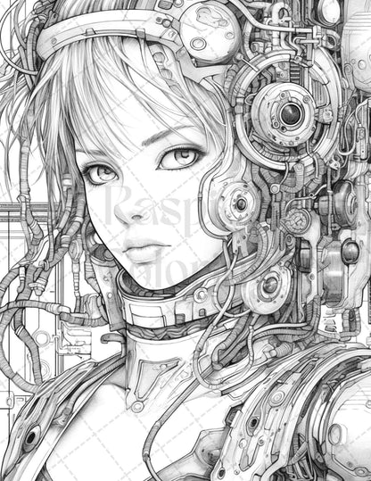 40 Beautiful Cyborg Girls Grayscale Coloring Pages Printable for Adults, PDF File Instant Download