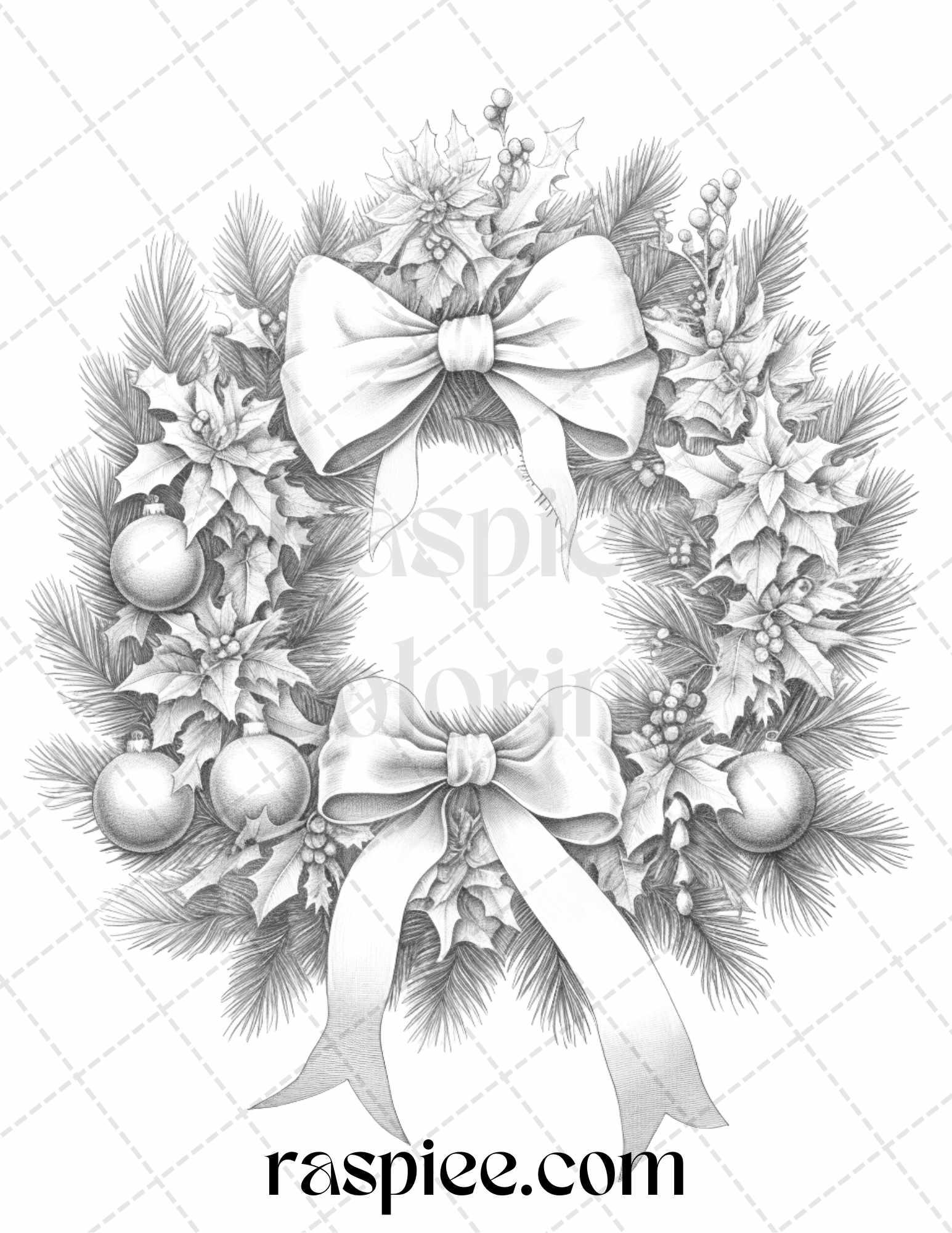 40 Christmas Wreath Grayscale Coloring Pages Printable for Adults, PDF File Instant Download