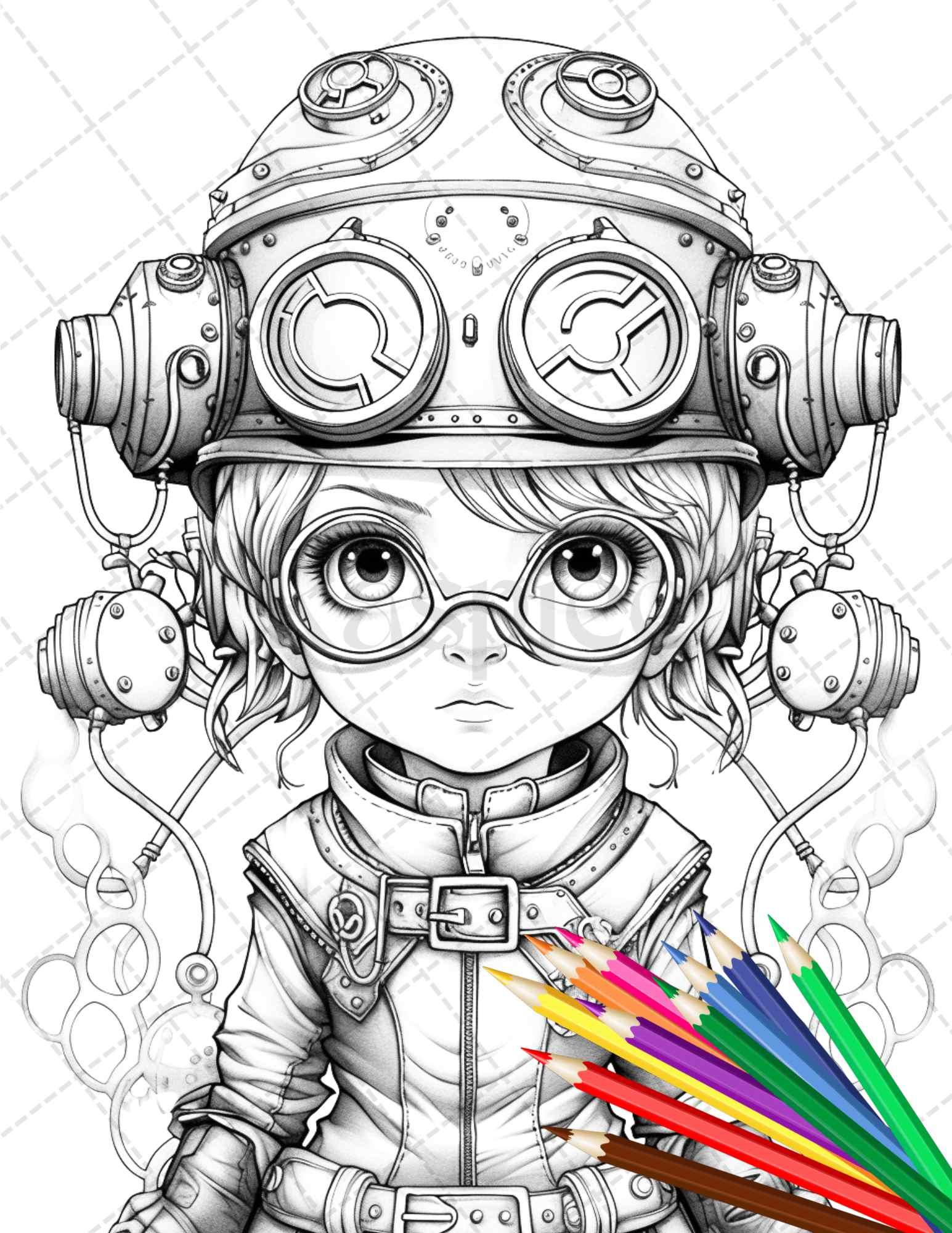 31 Adorable Steampunk Girls Coloring Pages Printable for Adults, Grayscale Coloring Page, PDF File Instant Download