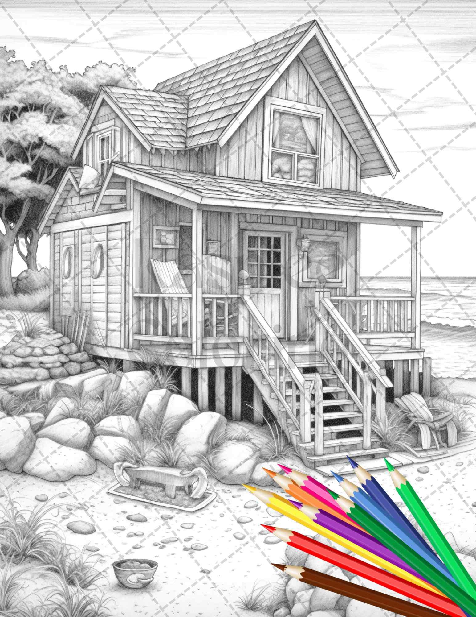 42 Wooden Beach Houses Grayscale Coloring Pages Printable for Adults, PDF File Instant Download