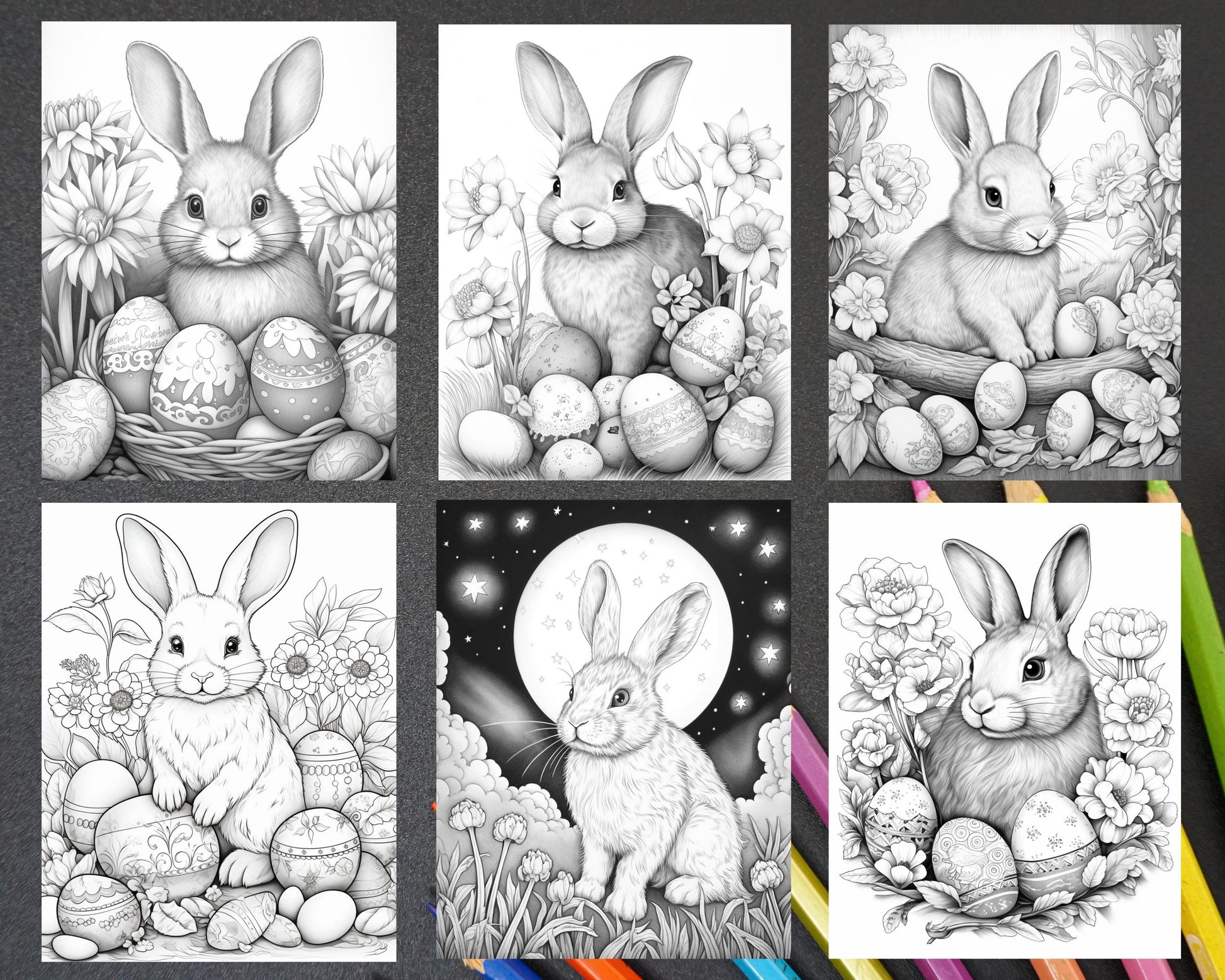 40 Easter Bunny Grayscale Adult Coloring Pages, Printable PDF Instant Download