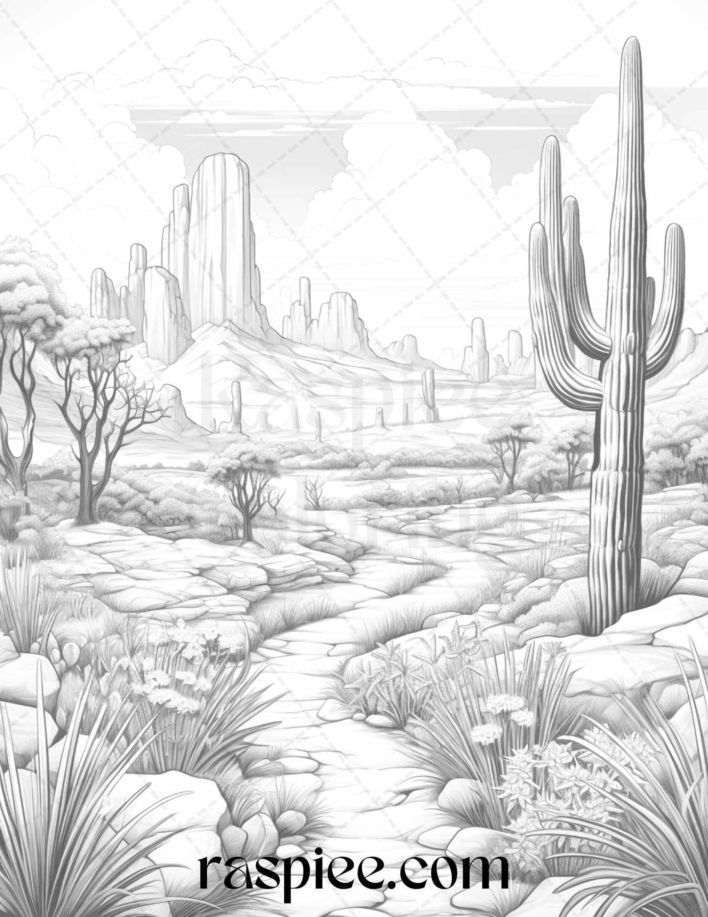 40 Desert Landscapes Grayscale Coloring Pages Printable for Adults, PDF File Instant Download