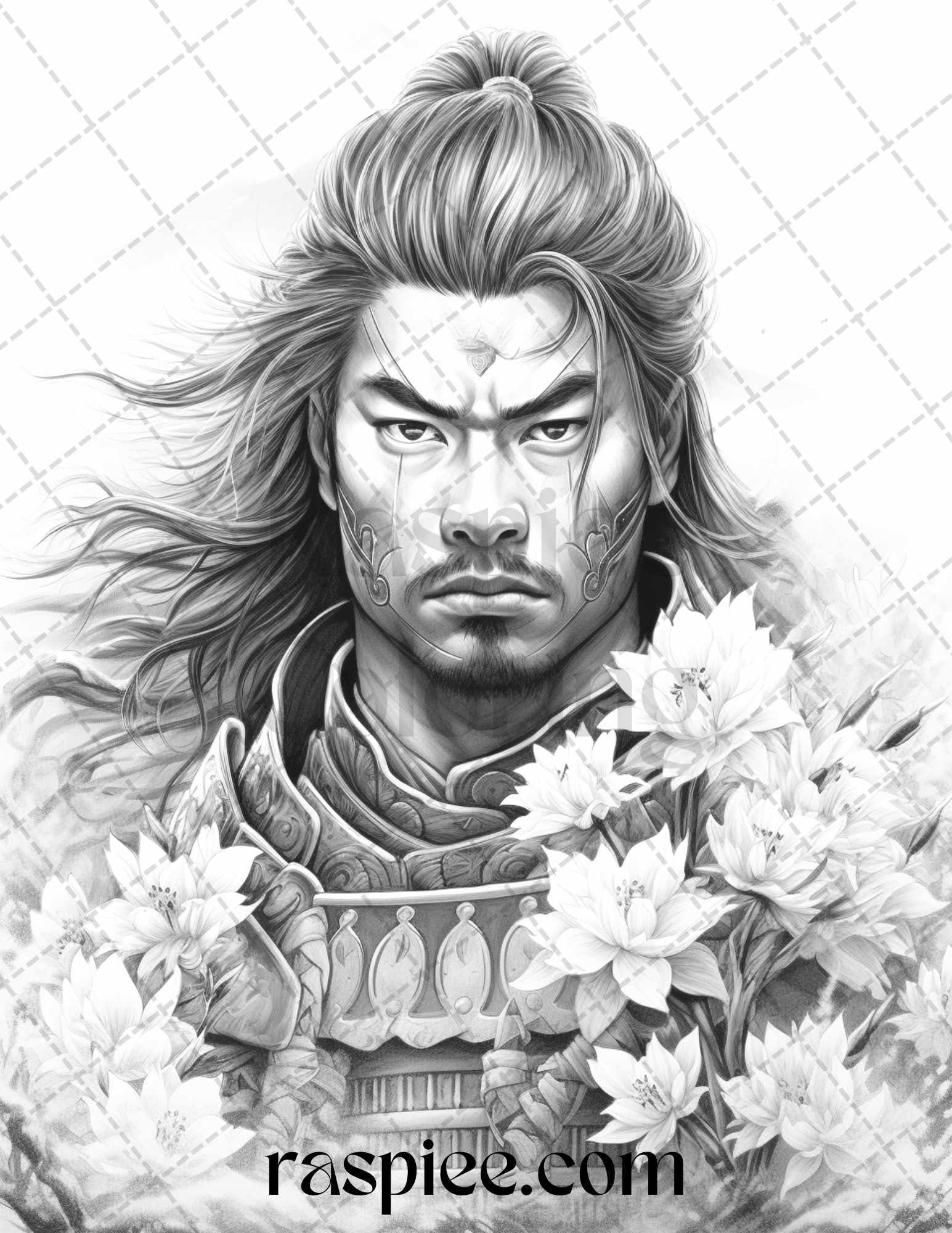 42 Japanese Samurai Grayscale Coloring Pages for Adults, Printable PDF File Instant Download