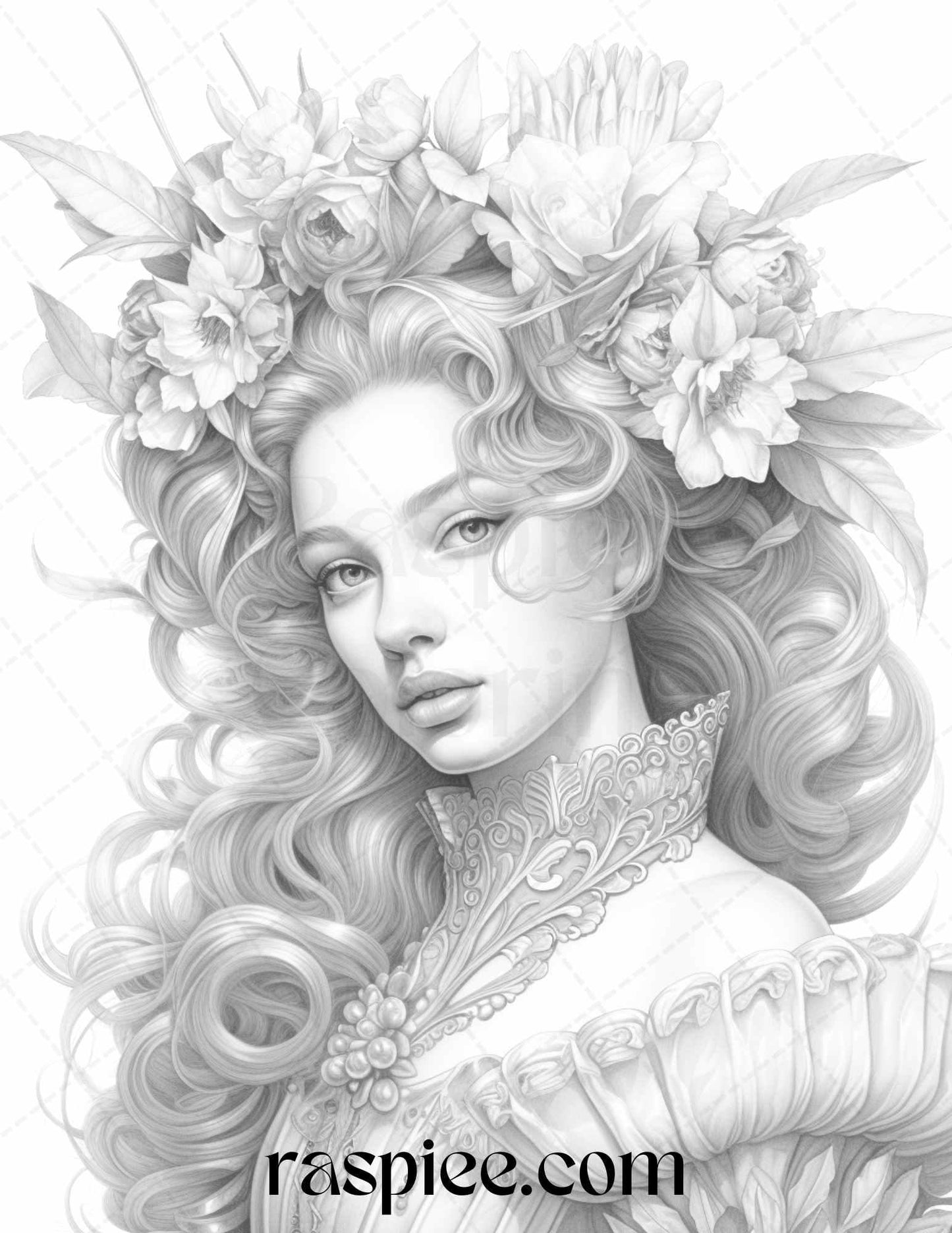 40 Baroque Women Portrait Grayscale Adult Coloring Pages Printable, PDF File Instant Download