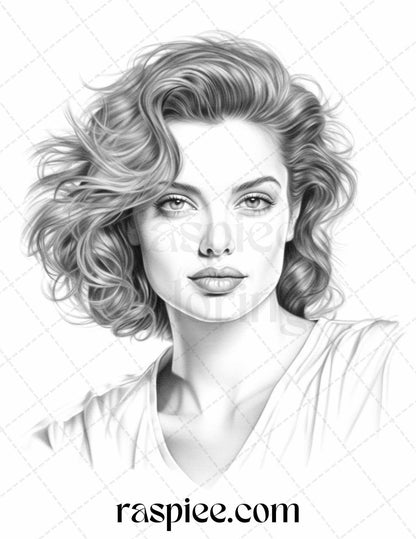 1980s Retro Beautiful Women Grayscale Coloring Pages for Adults, PDF File Instant Download