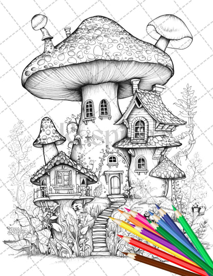 32 Whimsical Mushroom House Coloring Pages for Adults, Grayscale Coloring Book, Printable PDF File Download