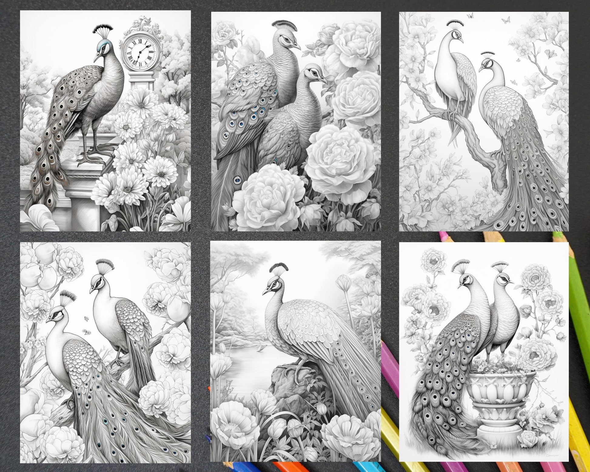 40 Majestic Peacocks Grayscale Adult Coloring Pages, Printable PDF Instant Download