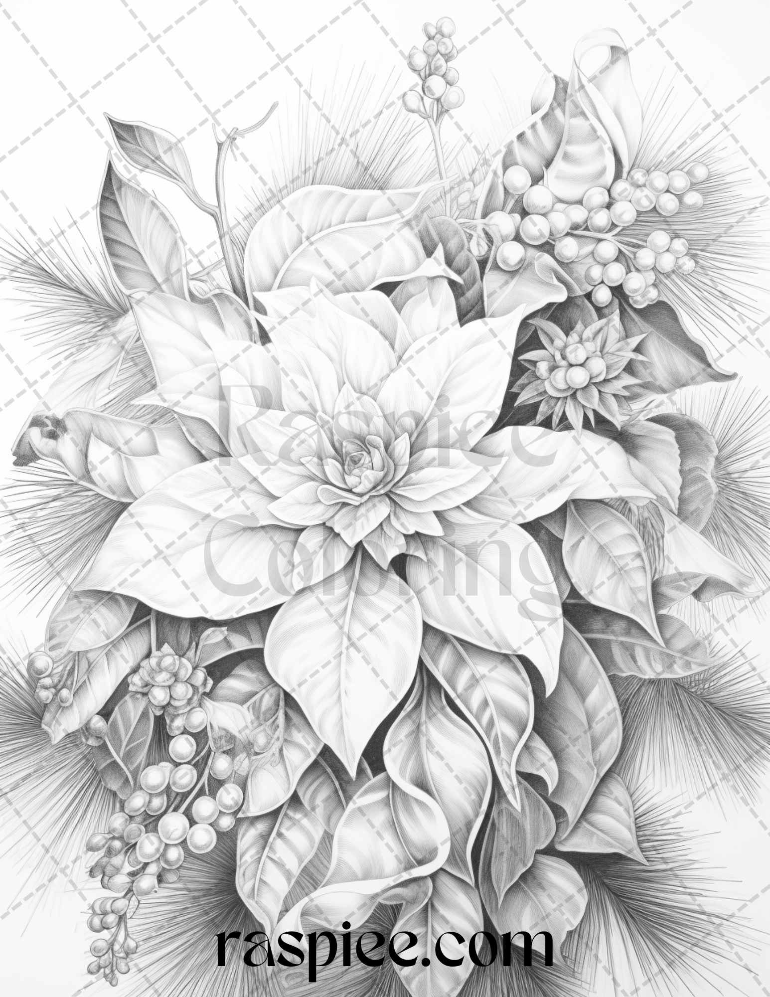 45 Christmas Flowers Grayscale Coloring Pages Printable for Adults, PDF File Instant Download