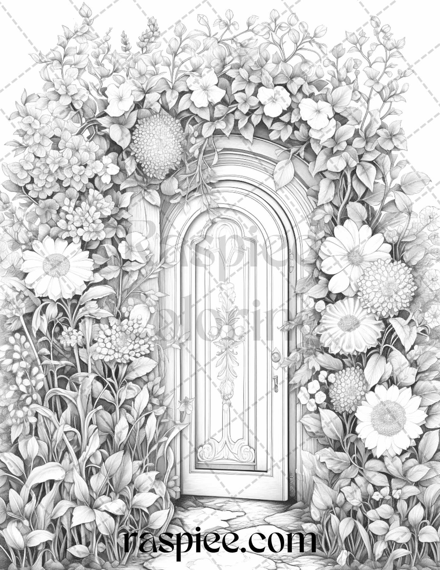 40 Flower Fairy Doors Grayscale Coloring Pages Printable for Adults, PDF File Instant Download