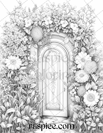 40 Flower Fairy Doors Grayscale Coloring Pages Printable for Adults, PDF File Instant Download