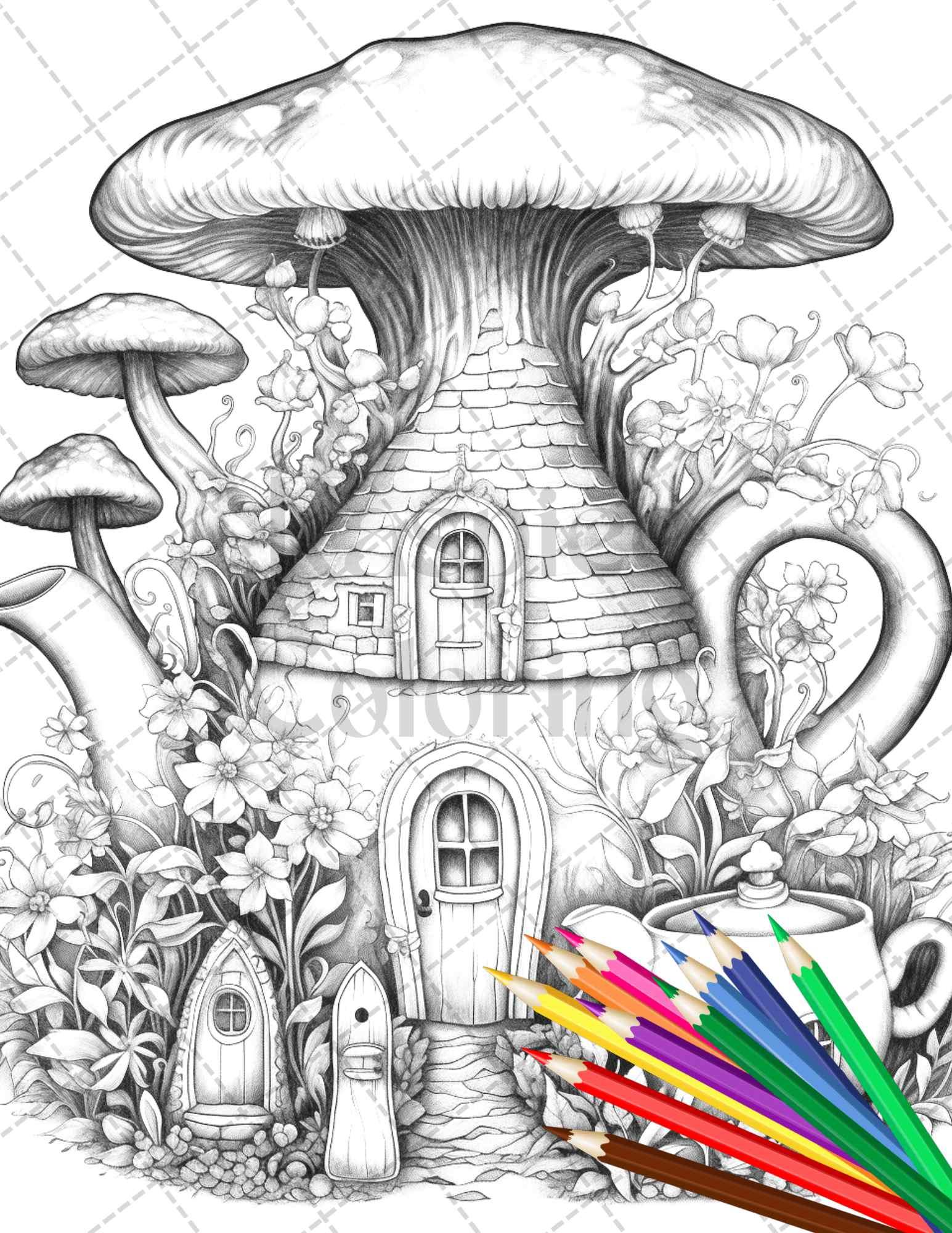 40 Teapot Fairy Houses Grayscale Coloring Pages Printable for Adults, PDF File Instant Download