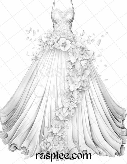 40 Elegant Floral Wedding Dresses Grayscale Coloring Pages Printable for Adults, PDF File Instant Download