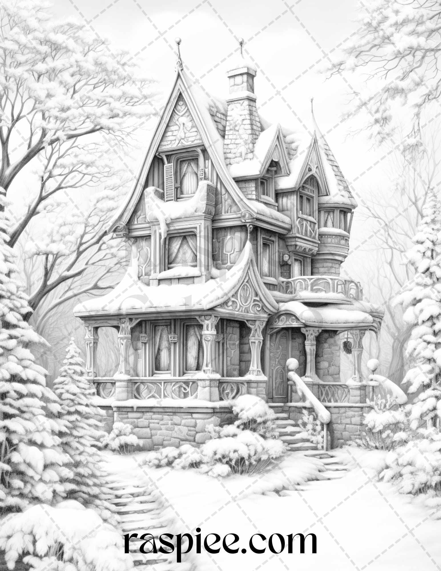 42 Fantasy Christmas Houses Grayscale Coloring Pages Printable for Adults, PDF File Instant Download